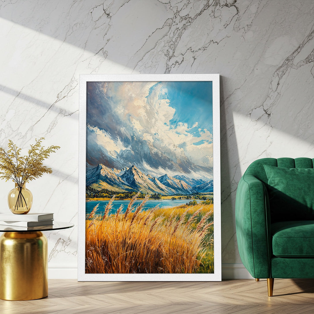 Framed Poster of a mountain landscape in an impressionistic style with blue, gold, and white color palette. Perfect wall art!