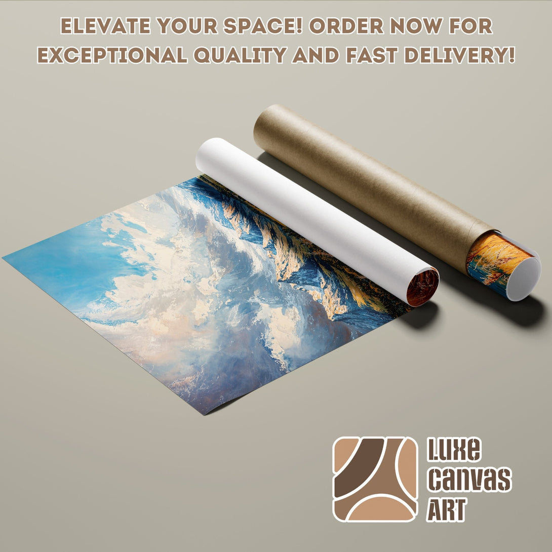 Abstract landscape Poster Roll in blue, white, and brown tones. Order now for fast delivery!