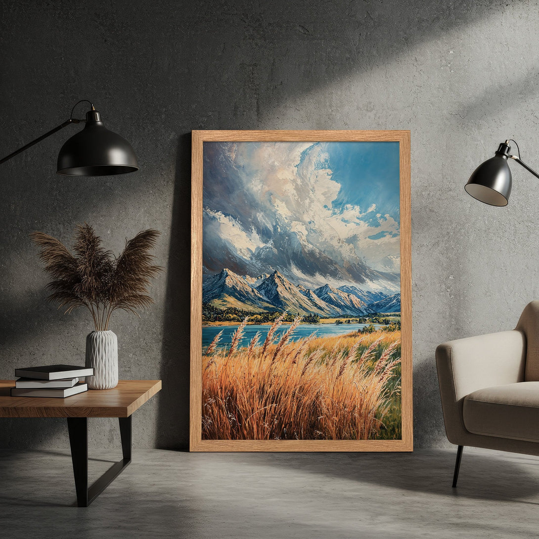 Framed Poster featuring a landscape painting of mountains and lake. Warm color palette with blues, greens, and browns. Perfect wall art for any room.