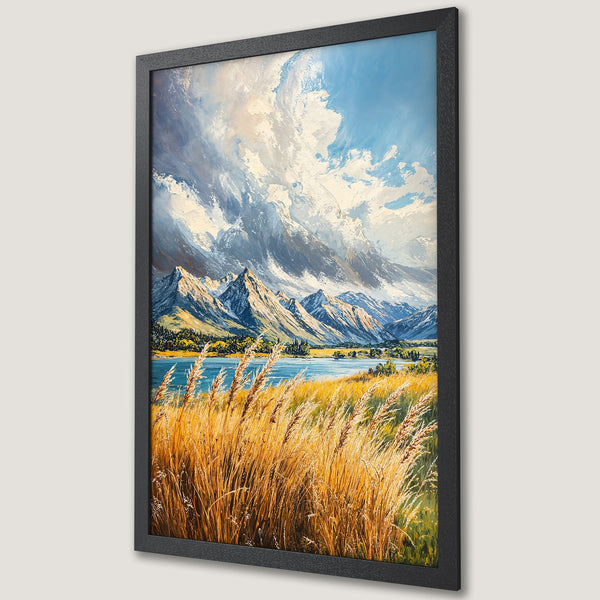 Framed Poster of a mountain landscape painting. Impressionistic style with blue, gold, and white color palette. Perfect wall art for your home.