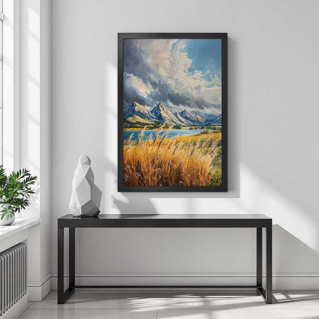 Framed Poster of a mountain landscape, featuring an impressionistic style with blue, white, and gold color palette. Perfect wall art for your home!