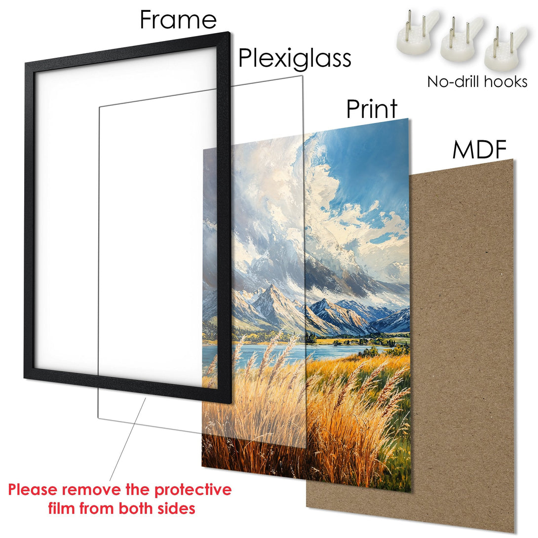 Framed Poster featuring a scenic landscape painting. Artistic style with a blue, gold, and white color palette. Ready to hang!