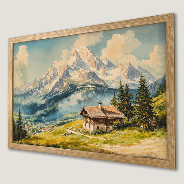 Framed Poster of mountain landscape in watercolor style, with a warm, natural color palette.