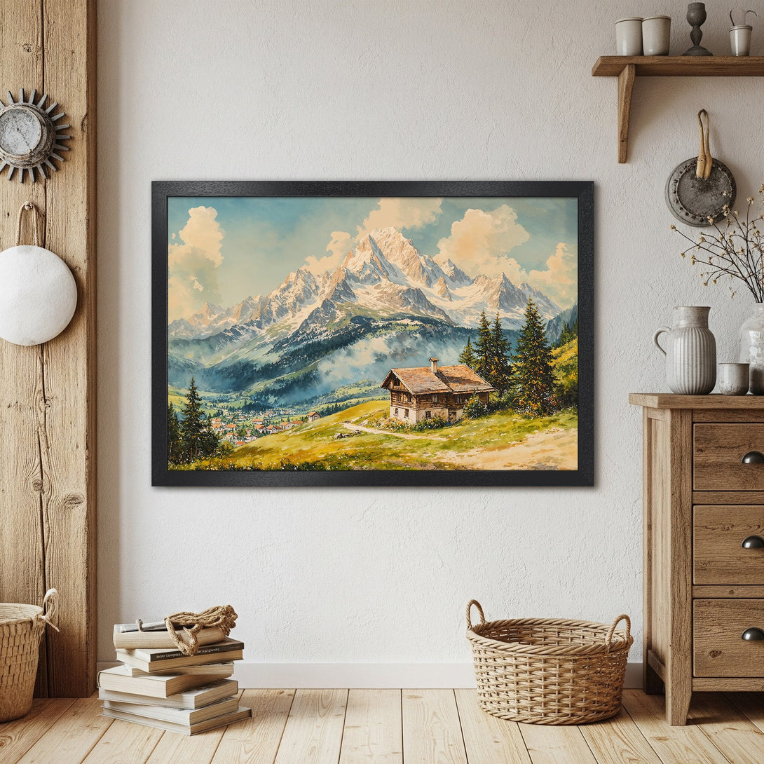 Framed Poster of a mountain landscape painting in a vintage style, featuring a warm, earthy color palette.