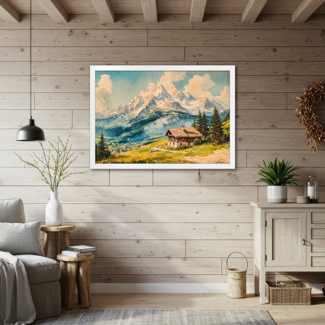 Framed Poster featuring a watercolor mountain landscape in a rustic style with a cool, natural color palette. Perfect wall art!
