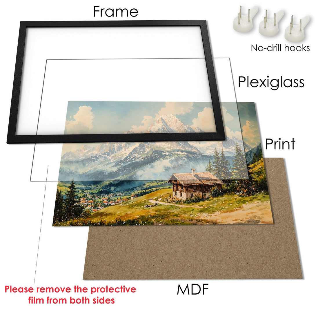 Framed Poster of a mountain landscape in watercolor style, featuring a cabin. Earthy tones with blue sky. Ready to hang!