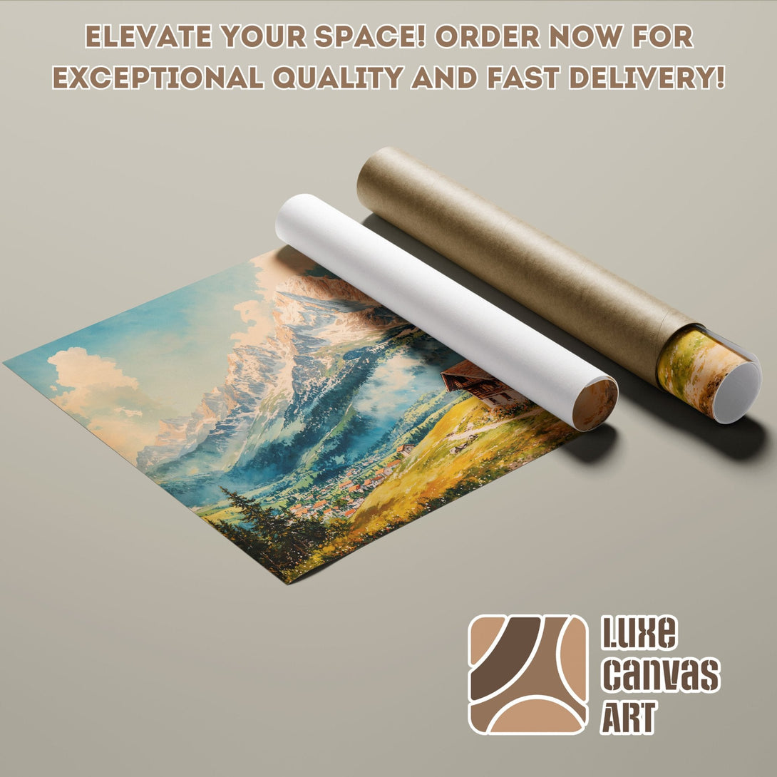 Poster Roll of a mountain landscape painting, with blue, green, and yellow tones. Elevate your space!