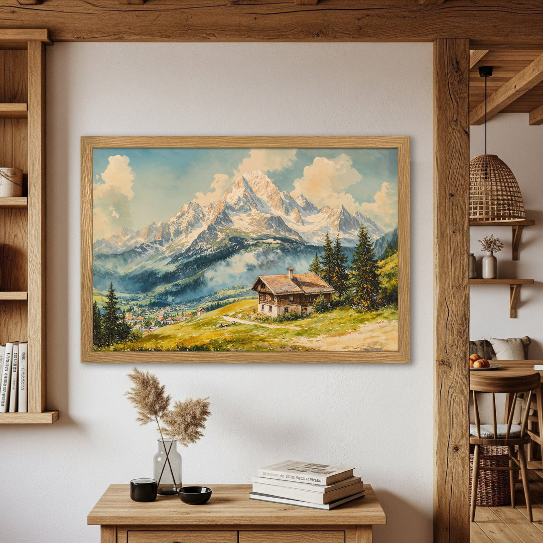 Framed Poster featuring a watercolor style mountain landscape with a warm color palette. Perfect wall art!