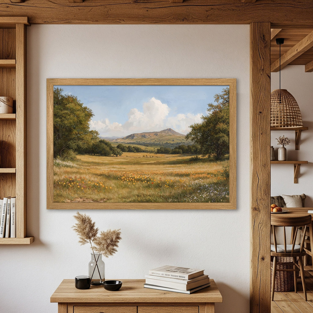 Framed Poster of a serene landscape painting. Features a warm color palette with greens, yellows, and blues. Perfect wall art for your home!