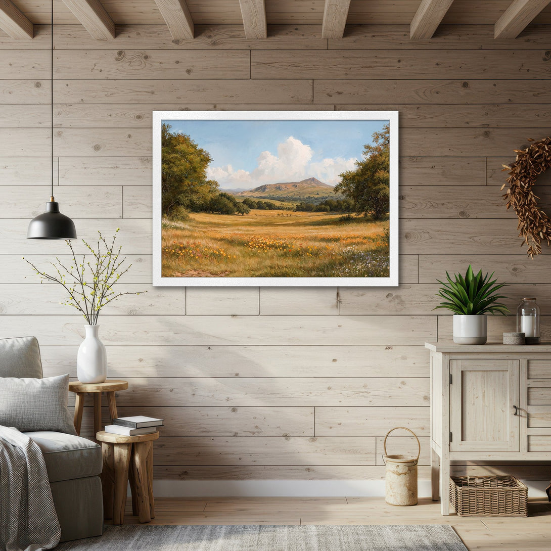 Framed Poster of a serene landscape painting. Warm, inviting color palette with greens, yellows, and blues. Perfect wall art for any home.