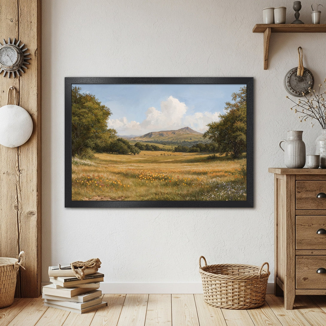 Framed Poster of a pastoral landscape in warm, earthy tones. Rustic style art print perfect for home decor.