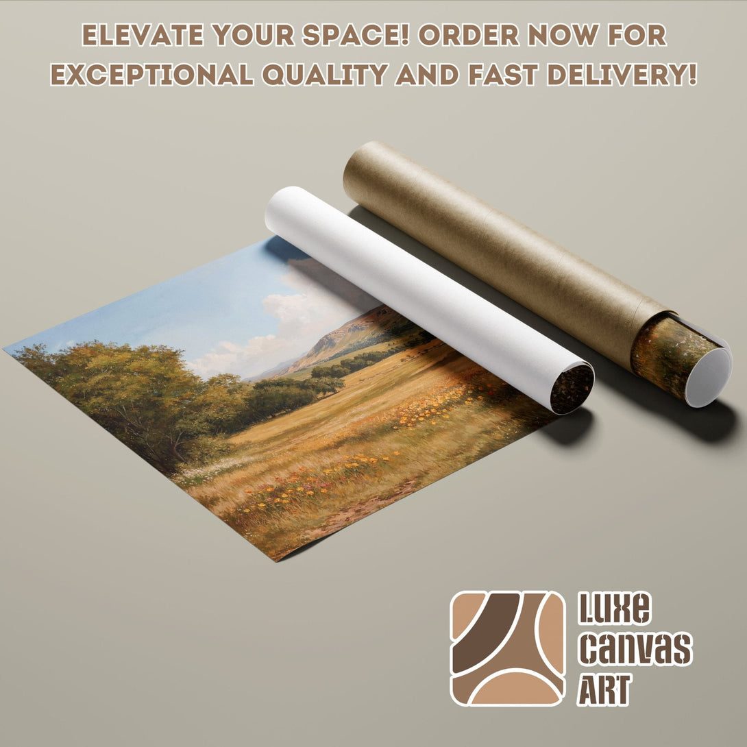 Poster Roll of a landscape painting in warm tones, perfect wall art for your home.