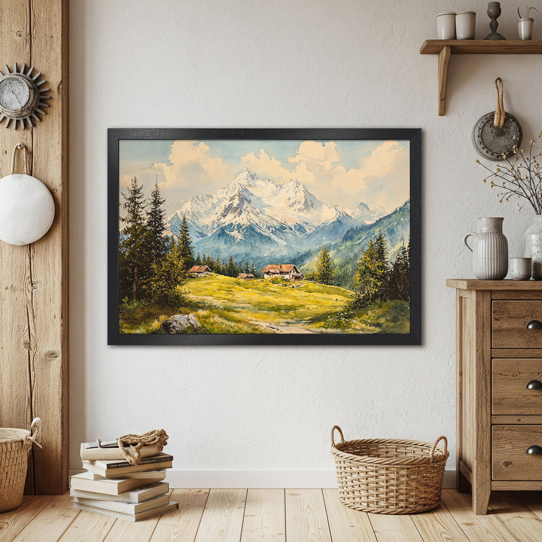 Framed Poster of a mountain landscape in watercolor style, featuring a serene color palette of blues, greens, and yellows.