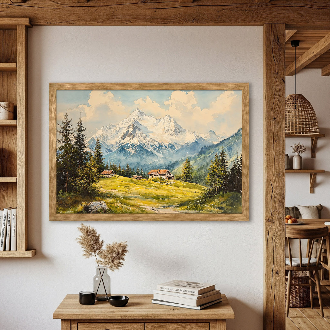 Framed Poster of a mountain landscape in watercolor style. Featuring a serene color palette of blues, greens, and earth tones. Perfect wall art!