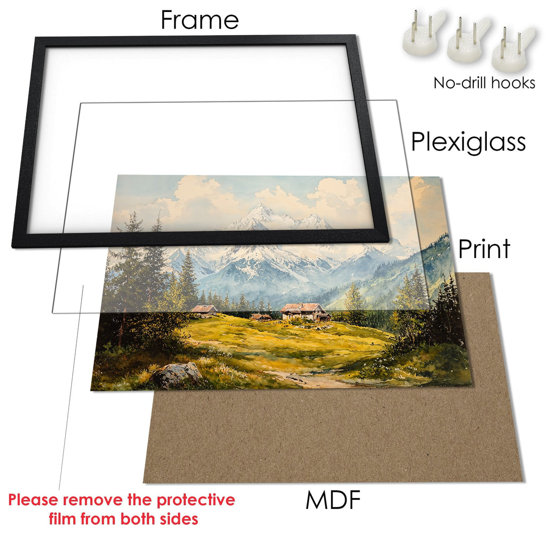 Framed Poster featuring a watercolor landscape with mountains, in a natural color palette. Perfect wall art for your home!