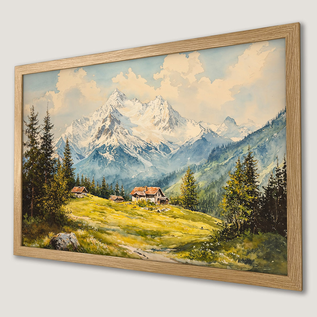 Framed Poster of a watercolor mountain landscape with a warm color palette, perfect for adding a touch of nature to your space.