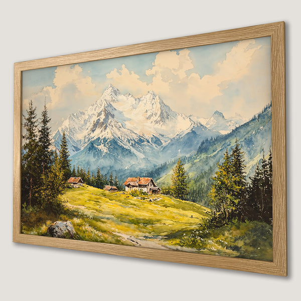 Framed Poster of a watercolor mountain landscape with a warm color palette, perfect for adding a touch of nature to your space.
