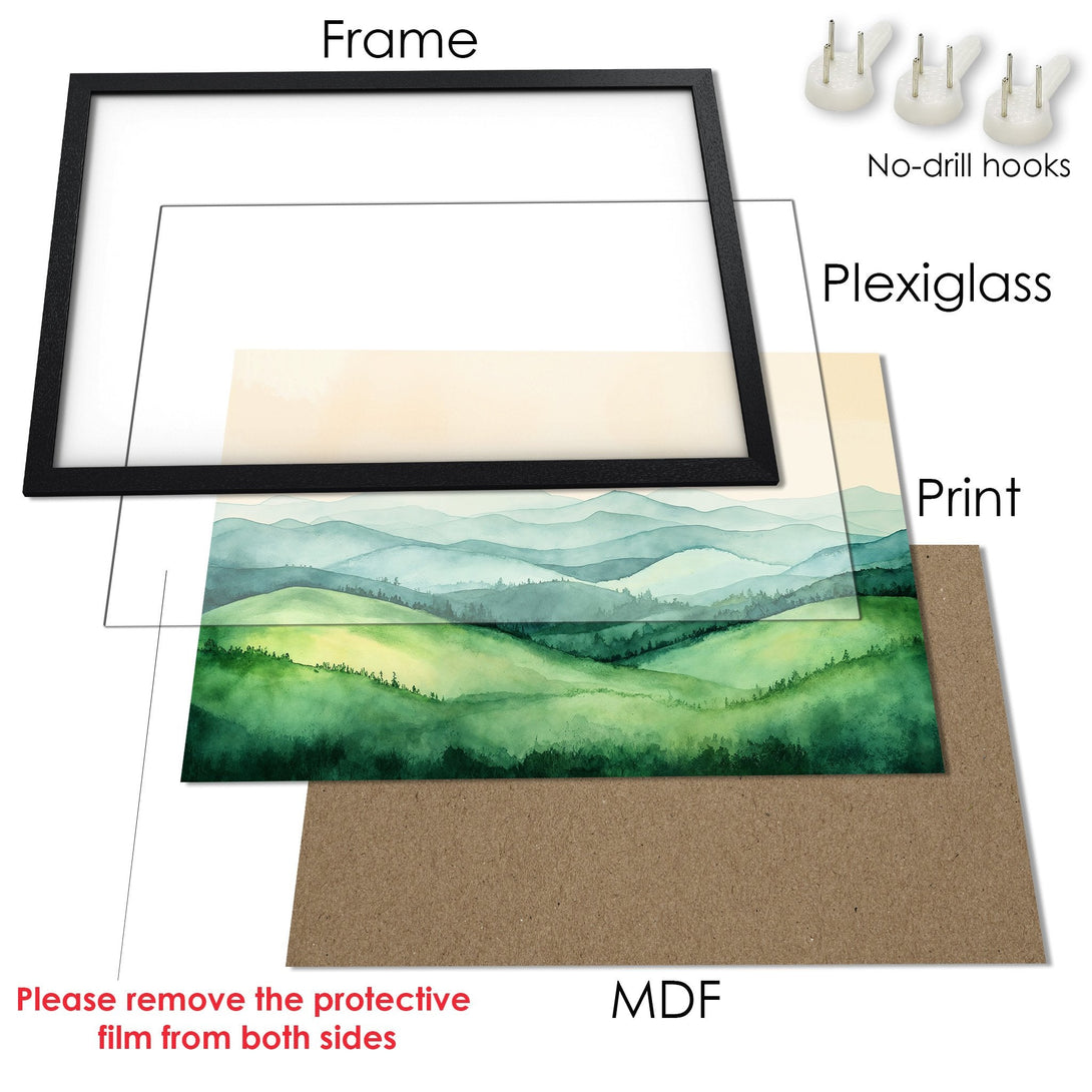 Framed Poster featuring a watercolor landscape in green and blue hues. Perfect art for your home!