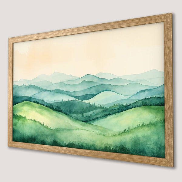 Framed Poster of watercolor mountain landscape art in green and blue hues, perfect for home decor.