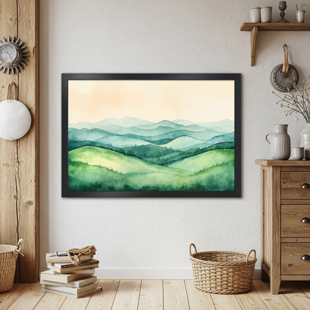 Framed Poster of watercolor mountain landscape in green and blue tones. Perfect wall art for home decor.