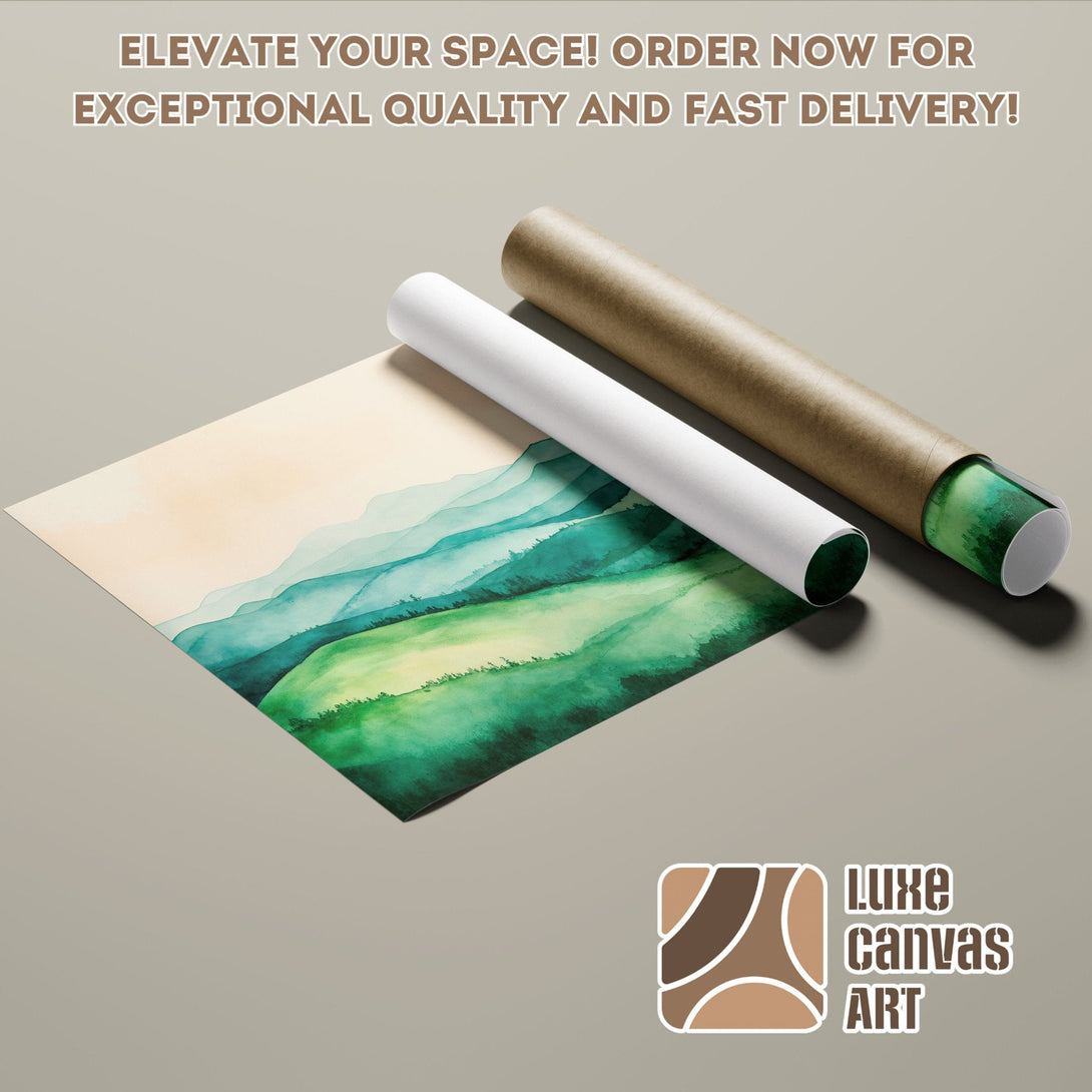 Watercolor landscape Poster Roll, green and blue hues, ready to elevate your space! Order now!