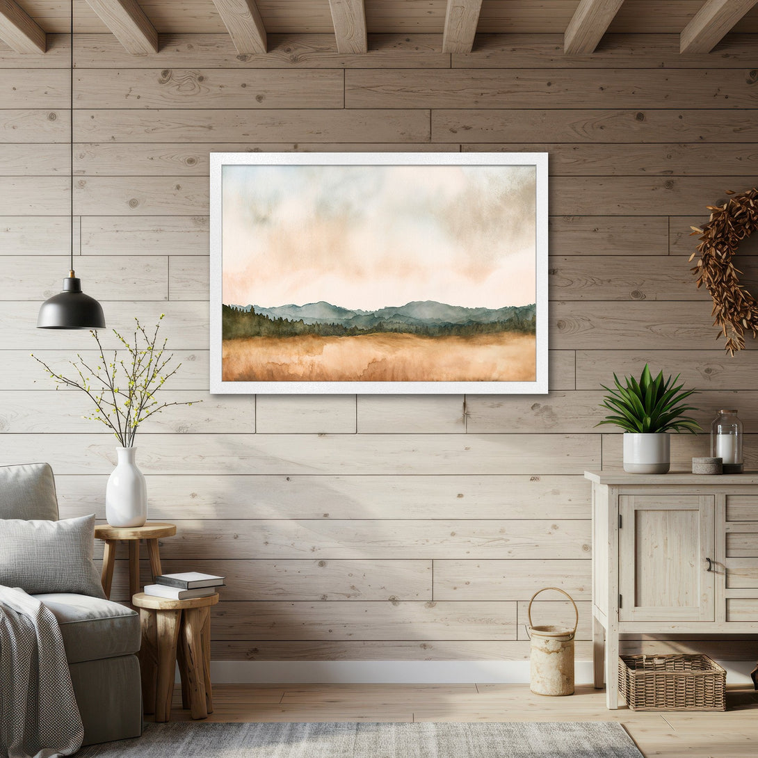 Framed Poster of a watercolor landscape in warm earth tones, perfect for adding a touch of nature to your home decor.