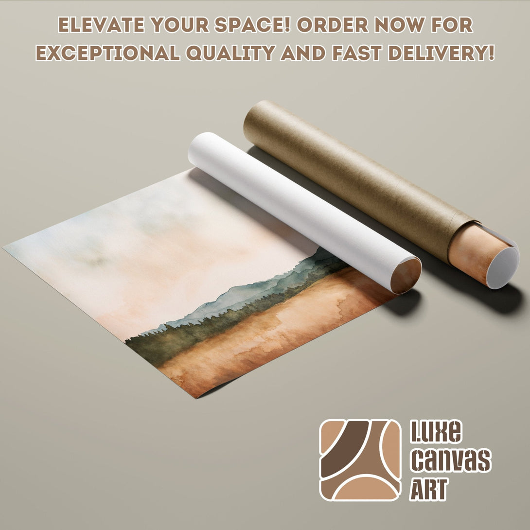 Watercolor landscape Poster Roll in warm earth tones. Elevate your space with Luxe Canvas Art!