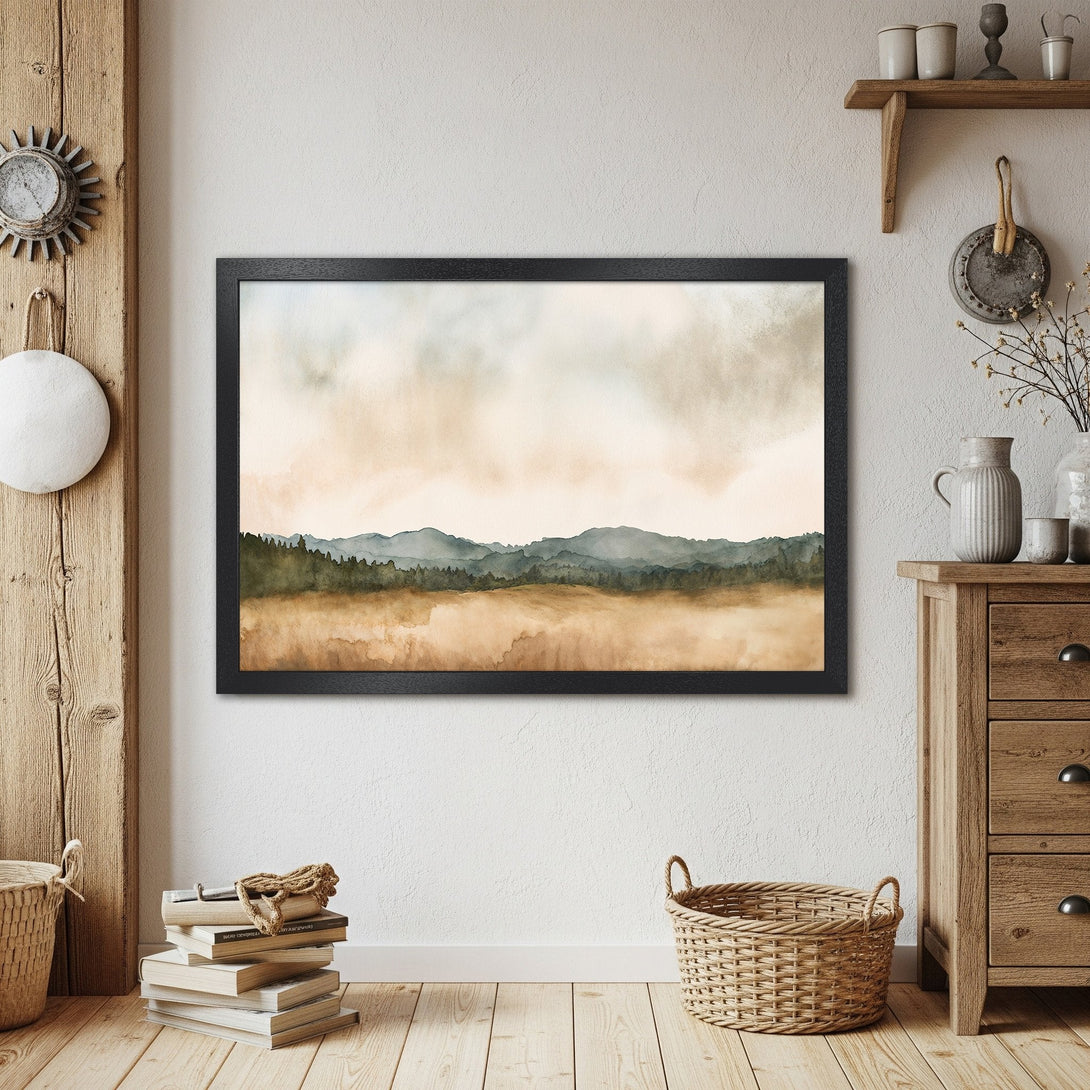 Framed Poster: Watercolor landscape art print in neutral tones, perfect for adding a touch of nature to your home decor.