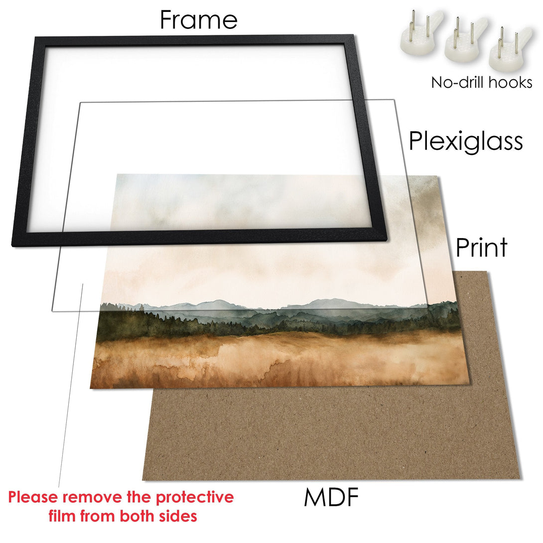 Framed Poster featuring a watercolor landscape art print. Earthy tones and a minimalist style, perfect for home decor.