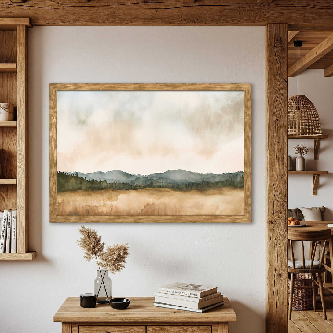 Framed Poster featuring a watercolor landscape with a neutral color palette, perfect for adding a touch of nature to your home decor.