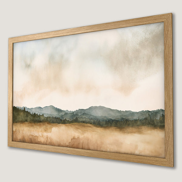 Framed Poster of a watercolor landscape with mountains, forest, and neutral color palette. Perfect wall art for any room.