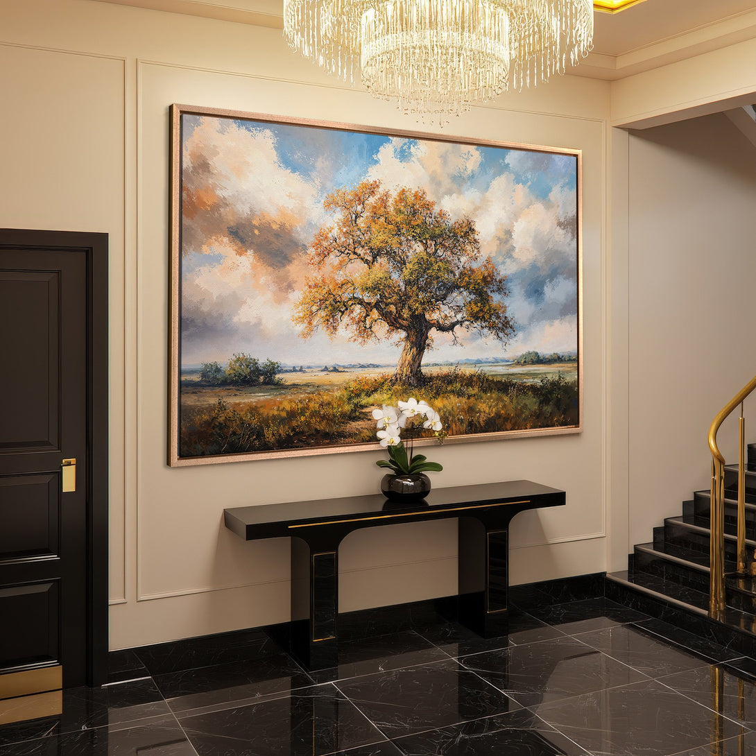 Framed Wall Art: Landscape Canvas Print featuring a majestic tree in a warm, autumnal color palette. Elevate your home decor with this stunning artwork.