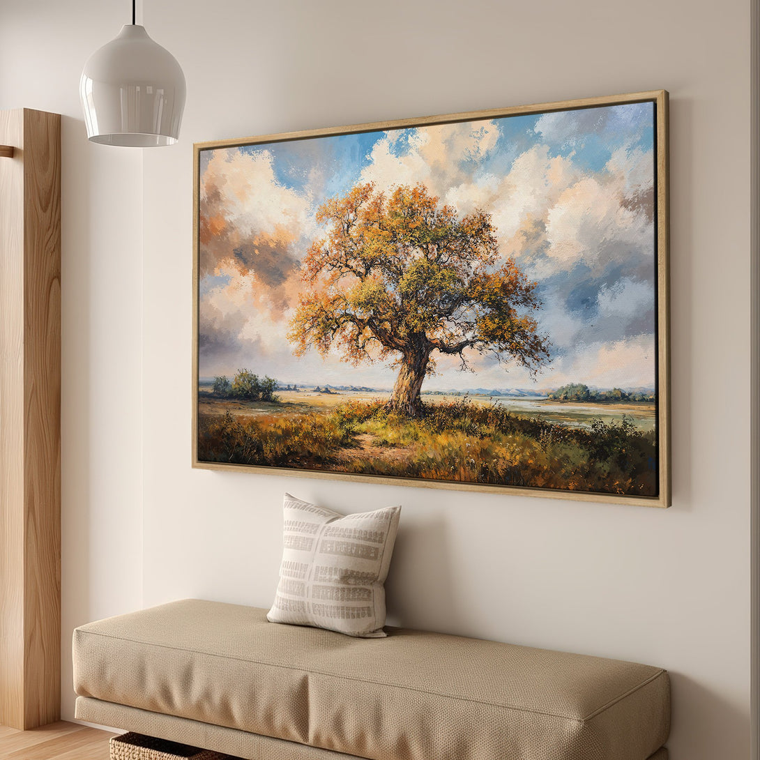 Framed Wall Art: Landscape Canvas Print featuring a vibrant tree in a warm, autumnal color palette. Perfect for adding a touch of nature to your home.