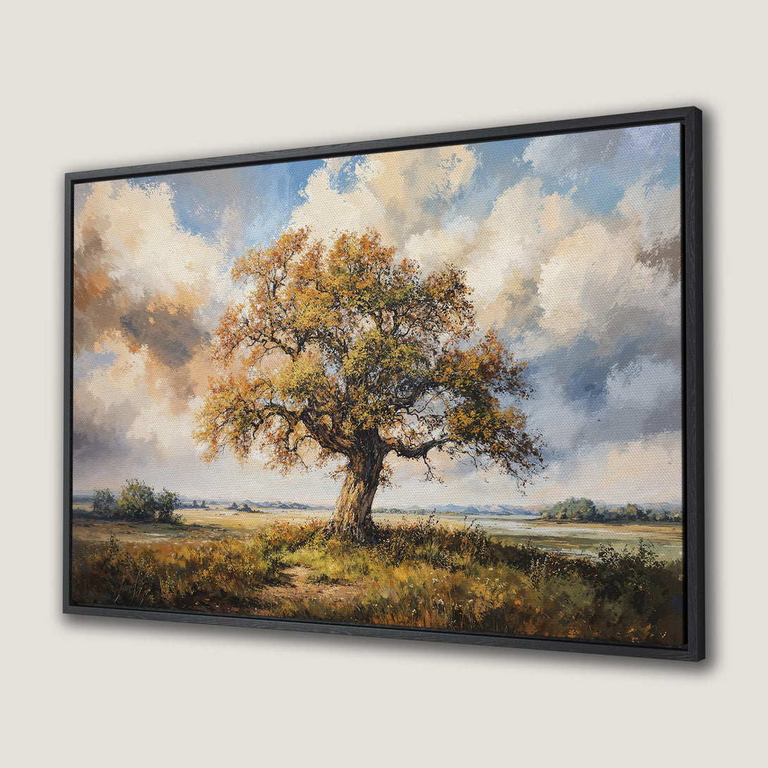 Framed Wall Art: Stunning landscape Canvas Print featuring a majestic tree in warm autumn colors. Perfect for adding a touch of nature-inspired art to your home.