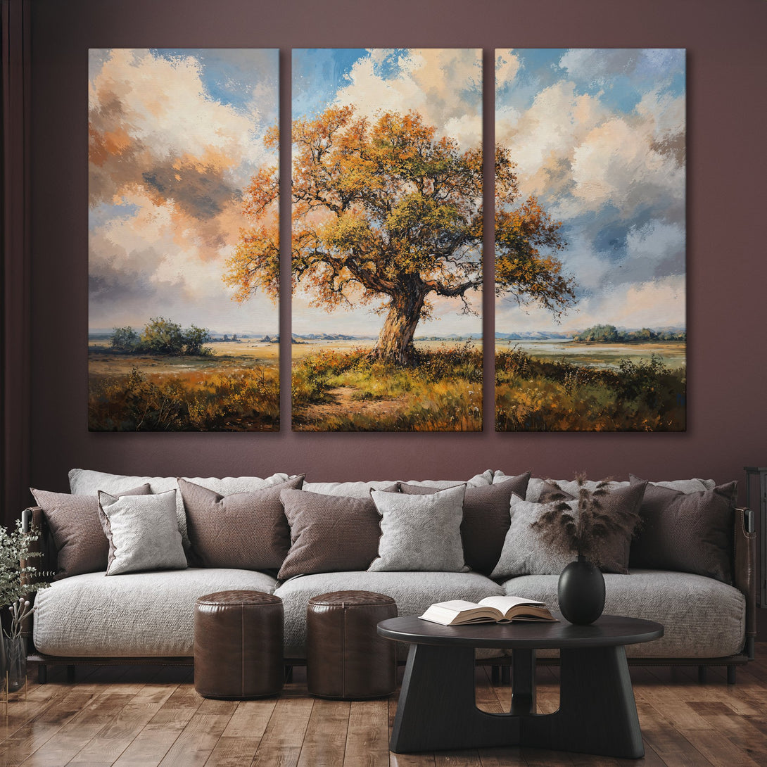 Canvas Print of an autumn tree landscape, warm color palette. Perfect for living room decor.
