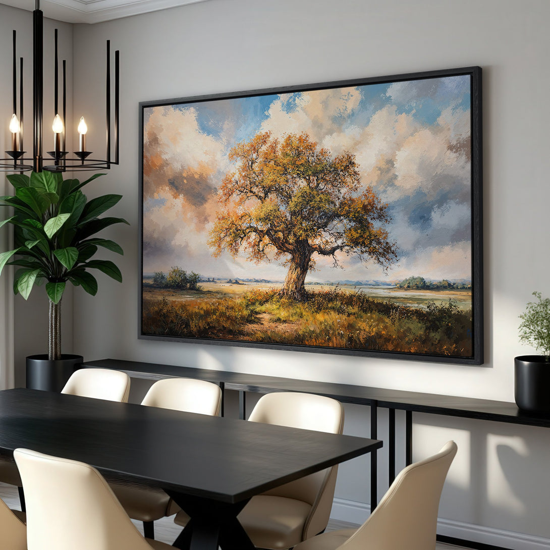 Framed Wall Art: Majestic tree landscape painting in warm autumn hues. Perfect for dining room decor. Adds a touch of nature's beauty.