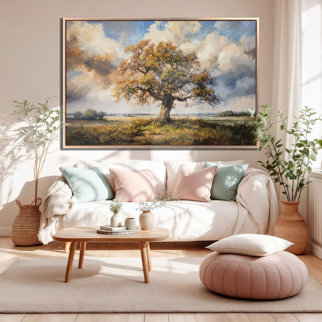 Framed Wall Art: Landscape painting of a tree in a field. Warm, earthy tones with a touch of blue. Perfect for living room decor.
