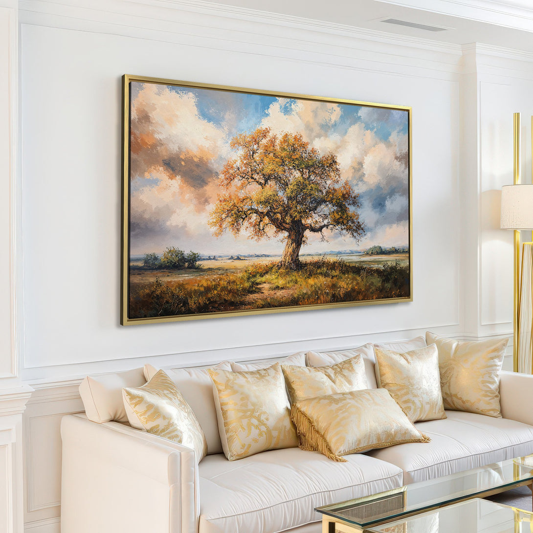 Canvas Print of a majestic tree in a landscape painting, warm earth tones and blue sky, perfect for living room decor.