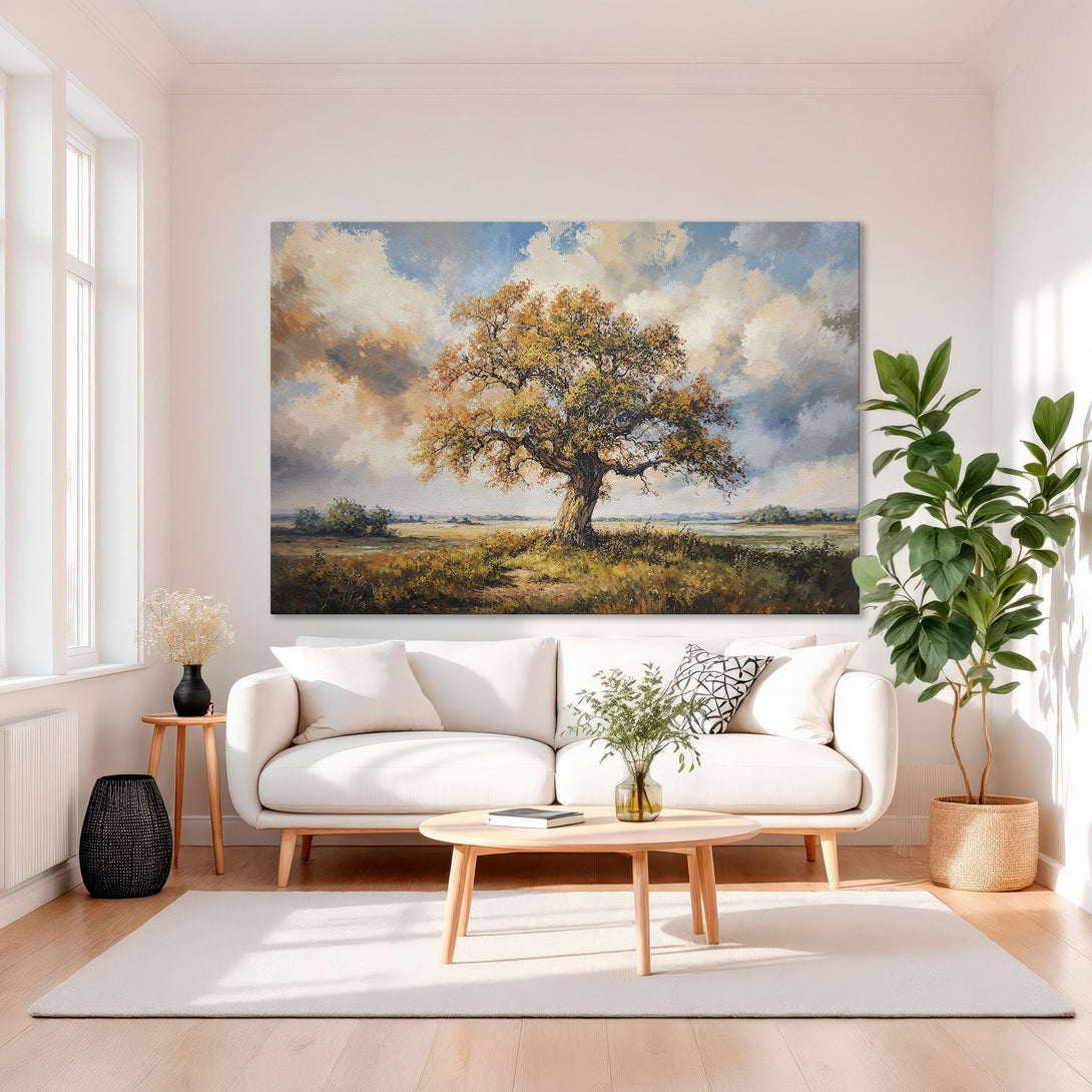 Framed Wall Art: Majestic tree landscape canvas print with warm, earthy tones and a touch of blue sky. Perfect for adding elegance to your home decor.