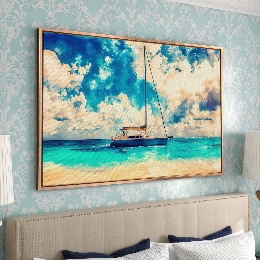 Framed Wall Art: Watercolor sailboat on canvas, featuring a vibrant blue and turquoise ocean, sky, and beach scene. Perfect coastal decor.