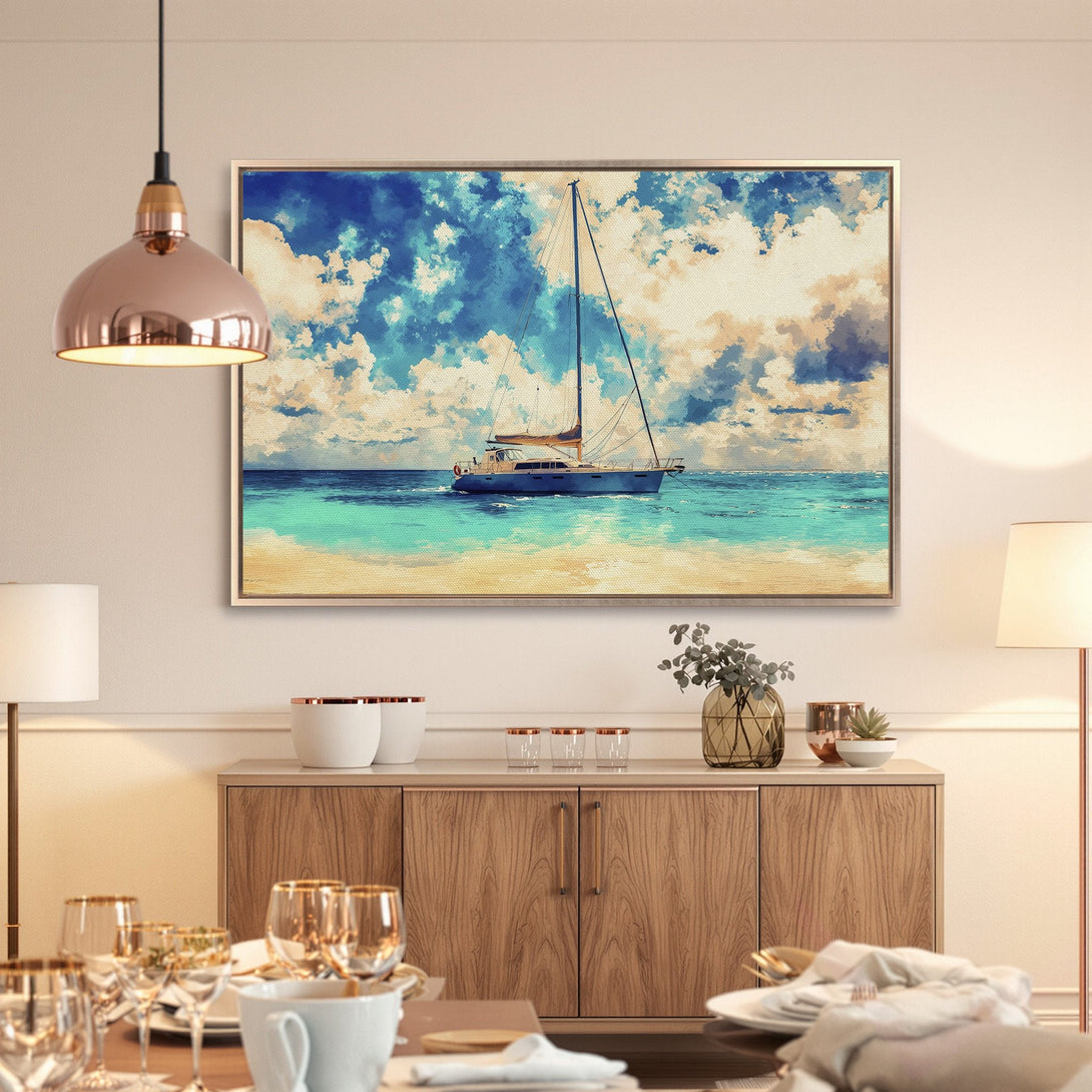 Framed Wall Art: Coastal sailboat scene in blue, teal, and beige tones. Add a touch of serenity to your space with this beautiful canvas print.
