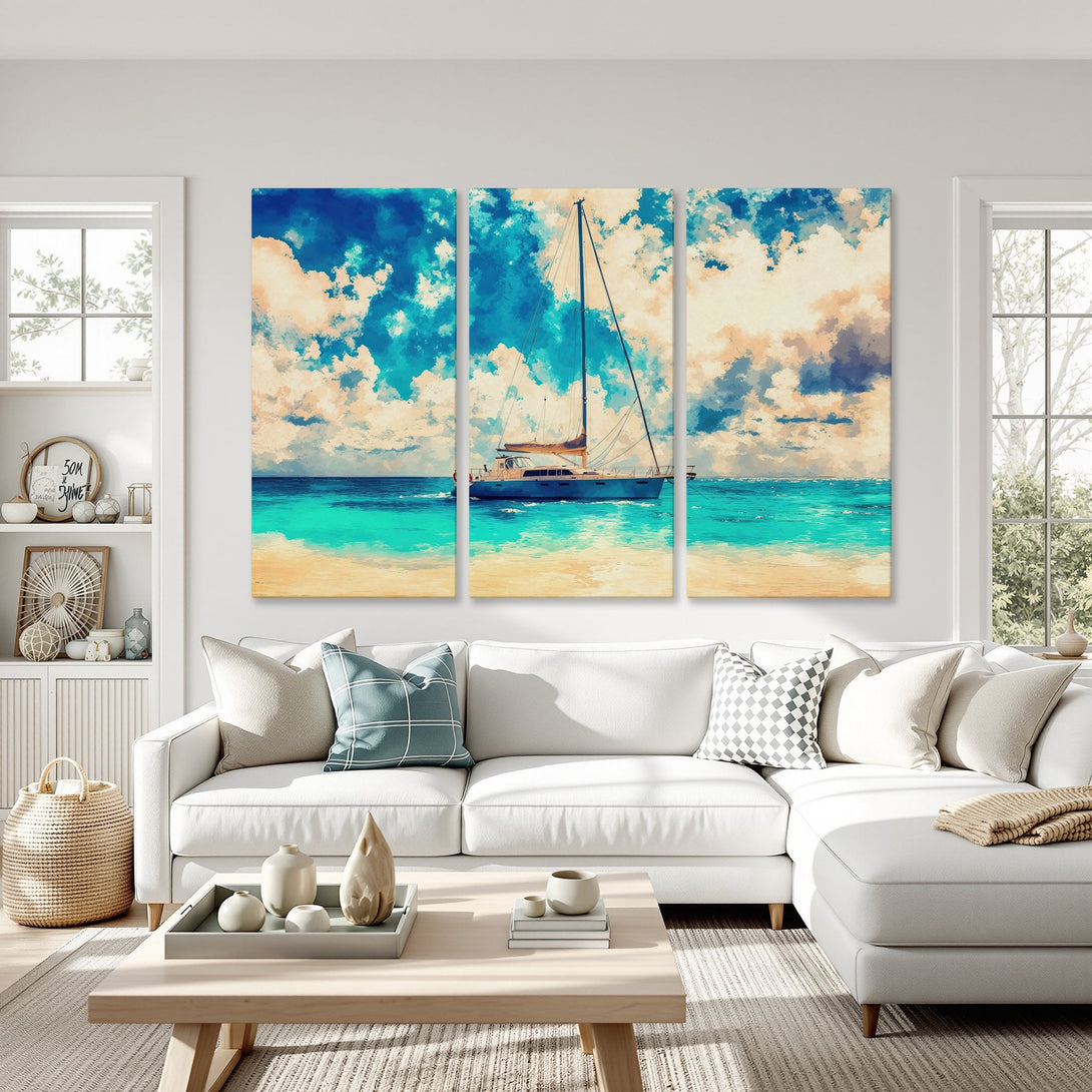 Canvas Print of a sailboat on the ocean, watercolor style, featuring blue, turquoise, and beige colors. Perfect coastal wall art for your home.