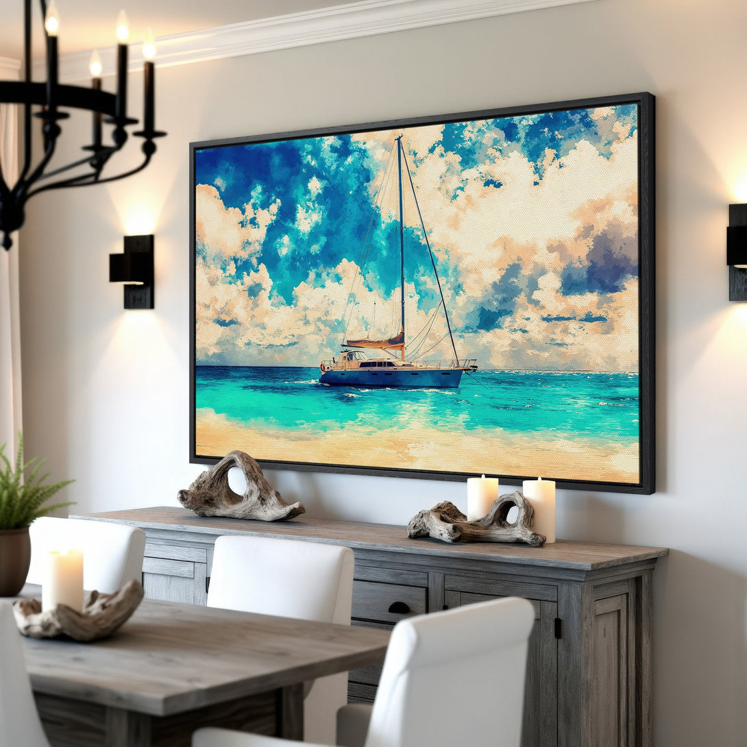 Framed Wall Art: Coastal sailboat print in blue & teal. Perfect for beach house decor. Canvas print adds a touch of serenity to any room.