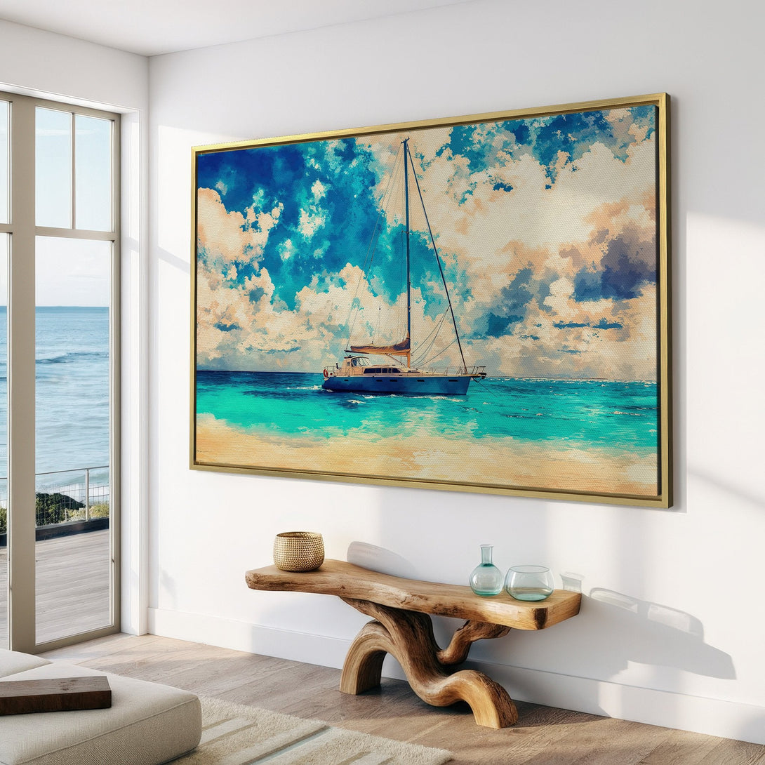 Canvas Print of a sailboat on turquoise water, in a watercolor style. Blue, beige, and white color palette, perfect for coastal decor.