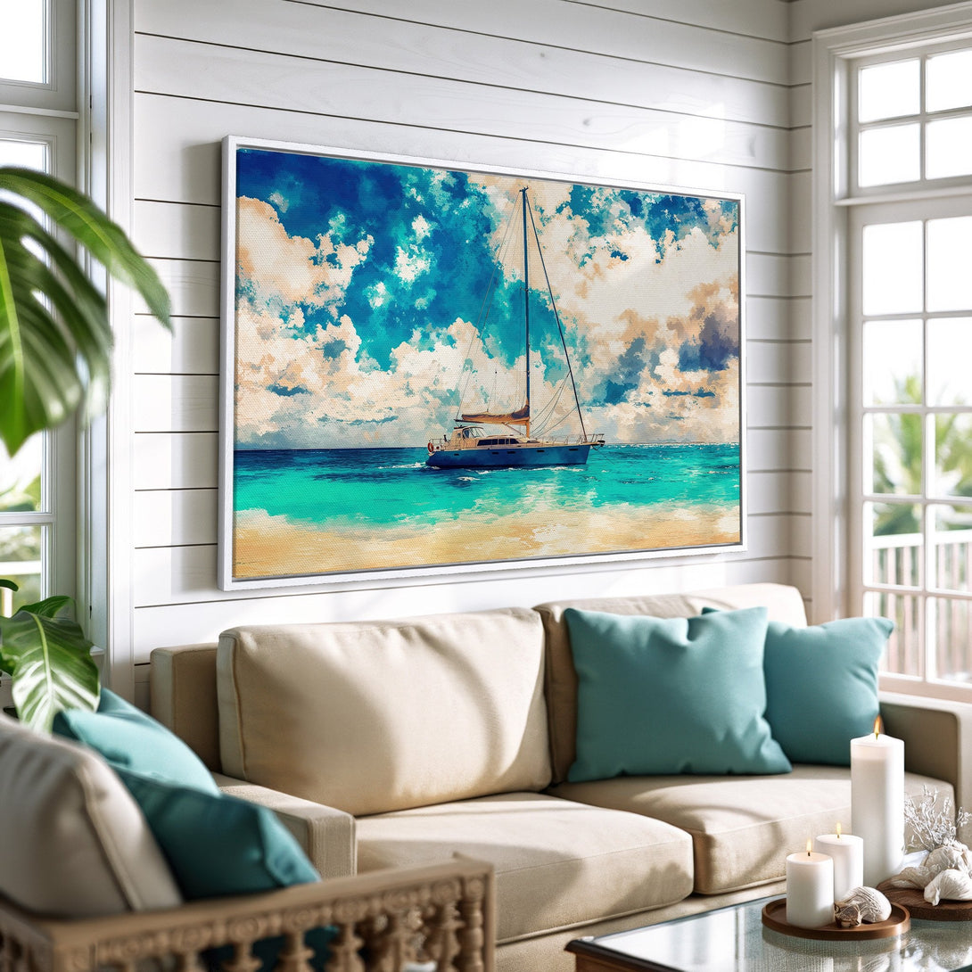 Framed Wall Art: Watercolor sailboat print in a coastal living room. Blue, turquoise, and beige color palette. Perfect beach house decor.