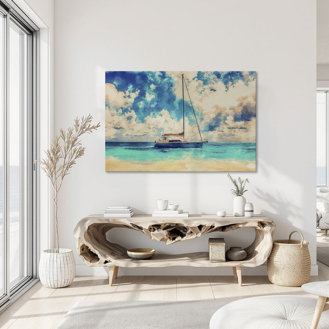 Framed Wall Art: Coastal sailboat art print in turquoise and blue. Watercolor style canvas print adds a serene touch to any space.