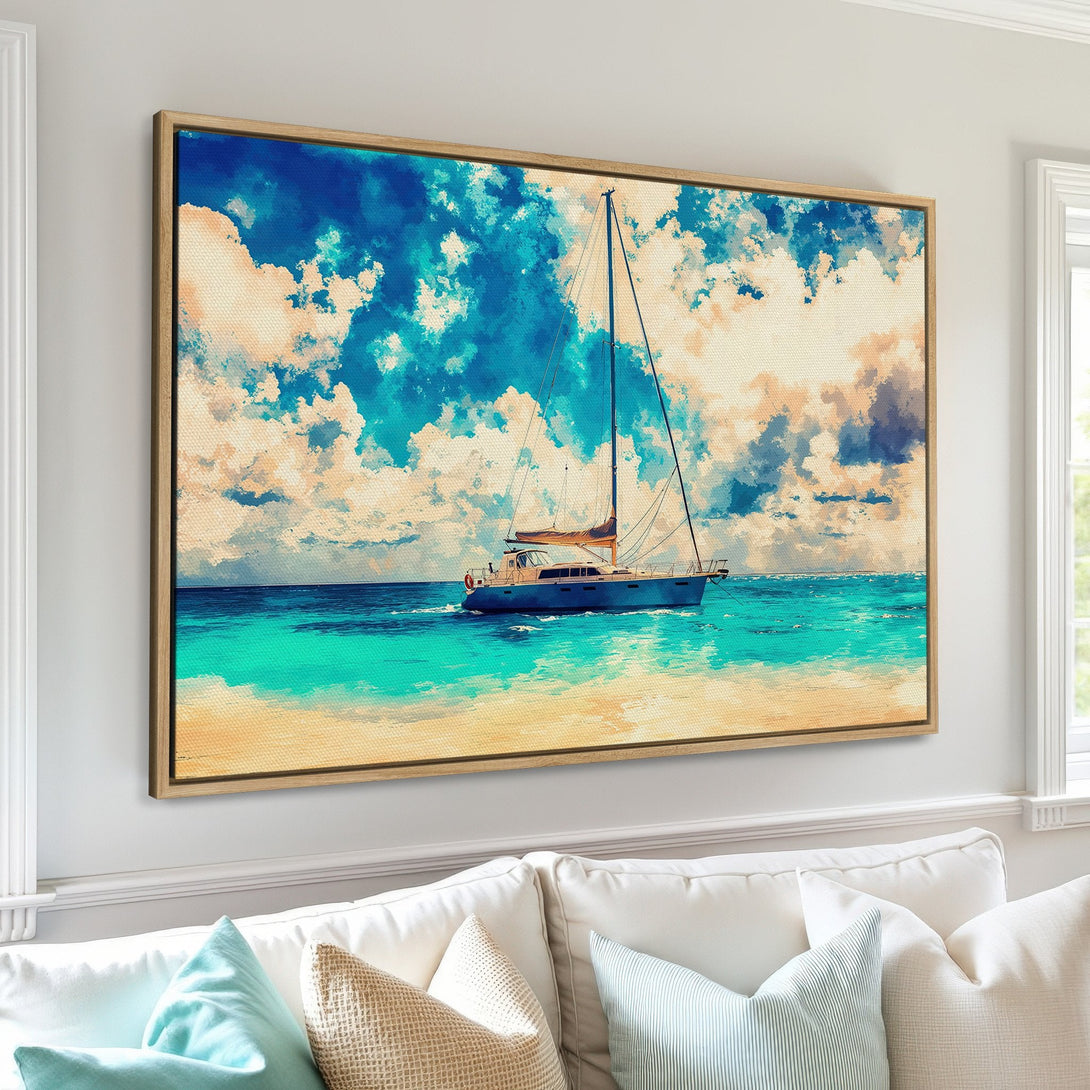 Canvas Print of a sailboat on turquoise water under a blue sky. Coastal art with a watercolor style and warm, inviting color palette. Framed wall art.