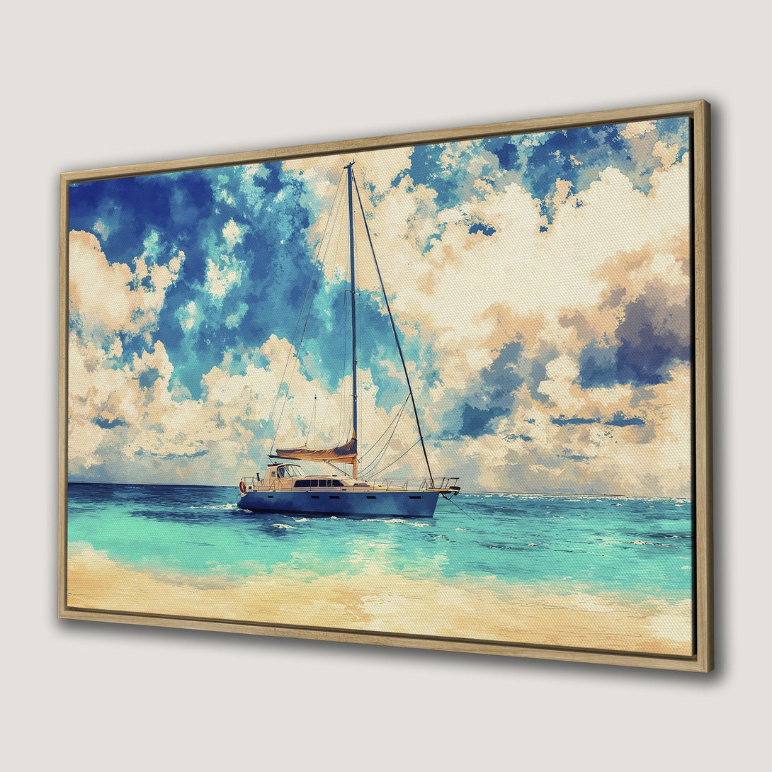 Framed Wall Art: Watercolor sailboat on turquoise water, blue sky & beige sand. Coastal art in calming blue, beige, and white tones. Perfect for any space!