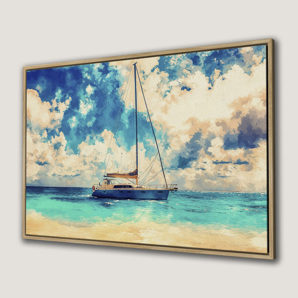 Framed Wall Art: Watercolor sailboat on turquoise water, blue sky & beige sand. Coastal art in calming blue, beige, and white tones. Perfect for any space!