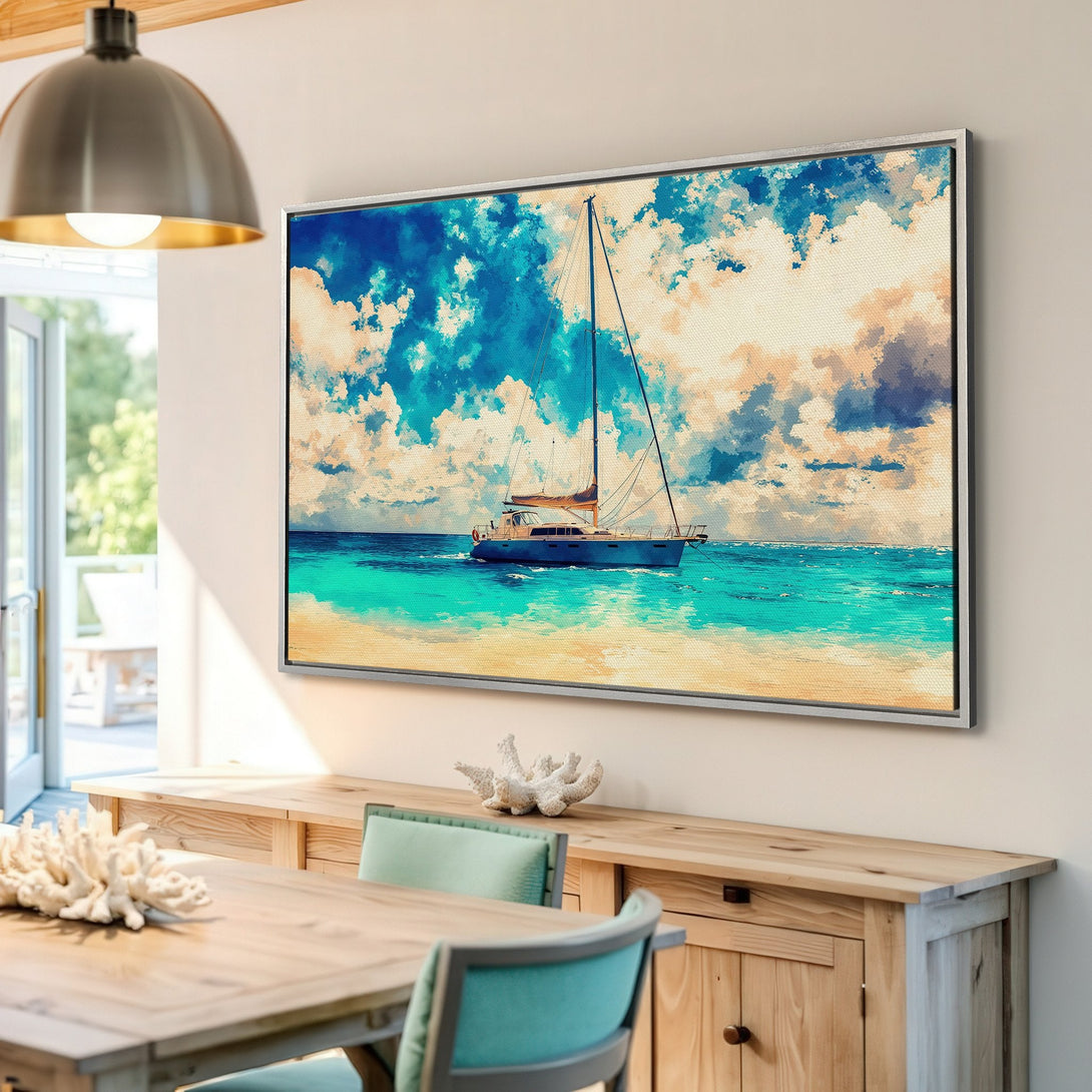 Framed Wall Art: Watercolor sailboat art with blue, turquoise, and beige tones. Coastal decor Canvas Print adds a touch of serenity to any space.